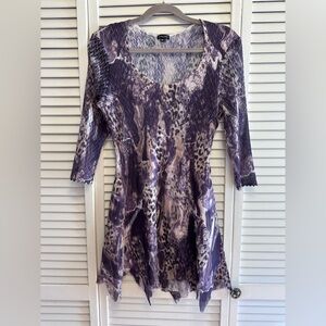 Komarov Medium Purple Patterned Dress.  PTP 15”, Length 32”